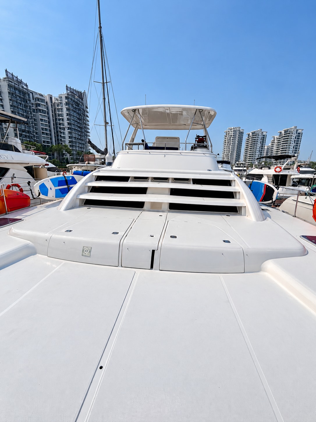 One Lotus yacht — One Lotus foredeck and upper helm at the marina